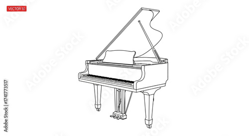 Detailed line art illustration of a grand piano on a white background offering a vintage and