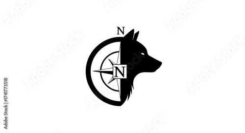 Striking Combination: Wolf Silhouette Merged with Compass in a Monochromatic Minimalist Design