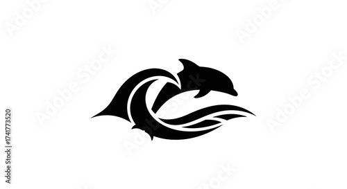 Sleek dolphin silhouette jumping over waves in black and white design illustration
