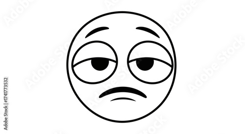 Black and white cartoon emoji face with droopy eyes and sad expression concept idea