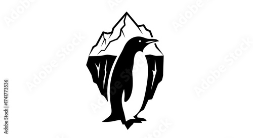 Stylized penguin standing in front of an iceberg in black and white illustration