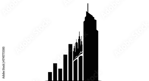 Silhouette of a cityscape with a rising graph representing financial growth and success
