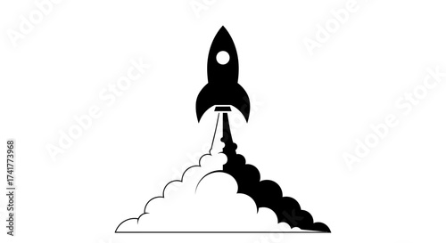 Black and white rocket launch illustration suitable for technology startups and growth