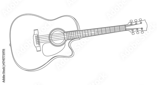 Detailed Line Art Depiction of an Acoustic Guitar on a White Background Illustrating Musical