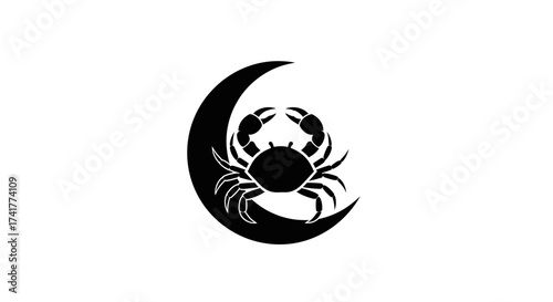 Elegant Black and White Design Featuring a Crab Silhouette on a Crescent Moon