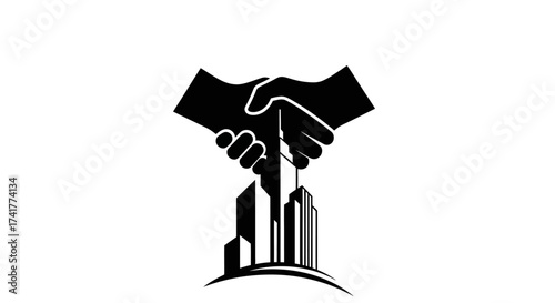 Business partnership in real estate development illustrated by handshake over skyline
