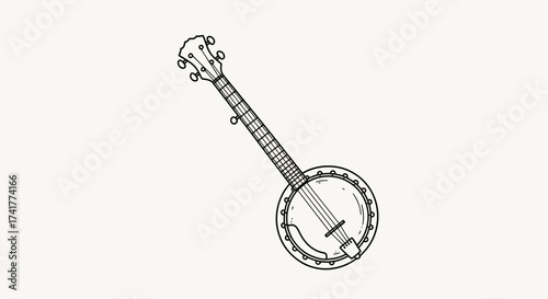 Detailed line drawing of a banjo against a soft white backdrop evoking musical heritage