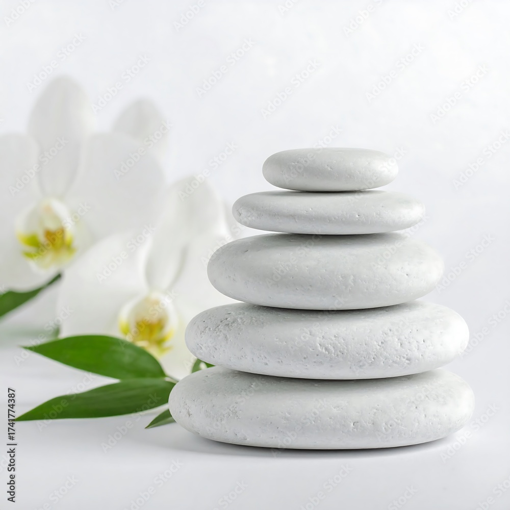Fototapeta premium Stacked white stones with orchids
