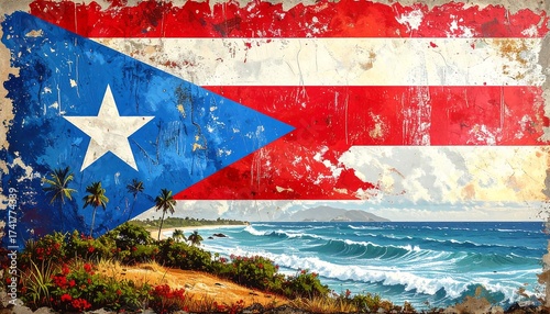 Fototapeta Naklejka Na Ścianę i Meble -  Puerto Rican flag with tropical beach scene, distressed effect