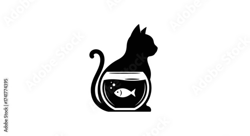 Elegant silhouette of a cat with a fishbowl containing a fish concept logo design