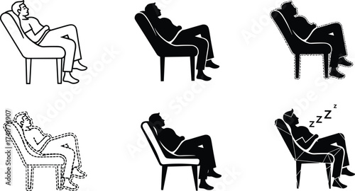 Black and white illustration of person relaxing in recliner chair, sleeping posture, ergonomic comfort, minimal style, concept art for rest and leisure