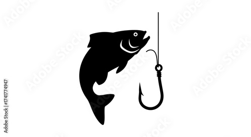 Stylized silhouette of a fish caught on a hook illustrating fishing concept design