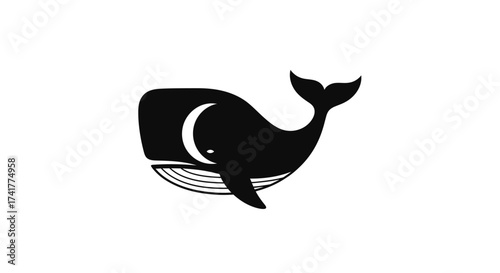 Minimalist stylized illustration of a whale with a crescent moon detail for logo design