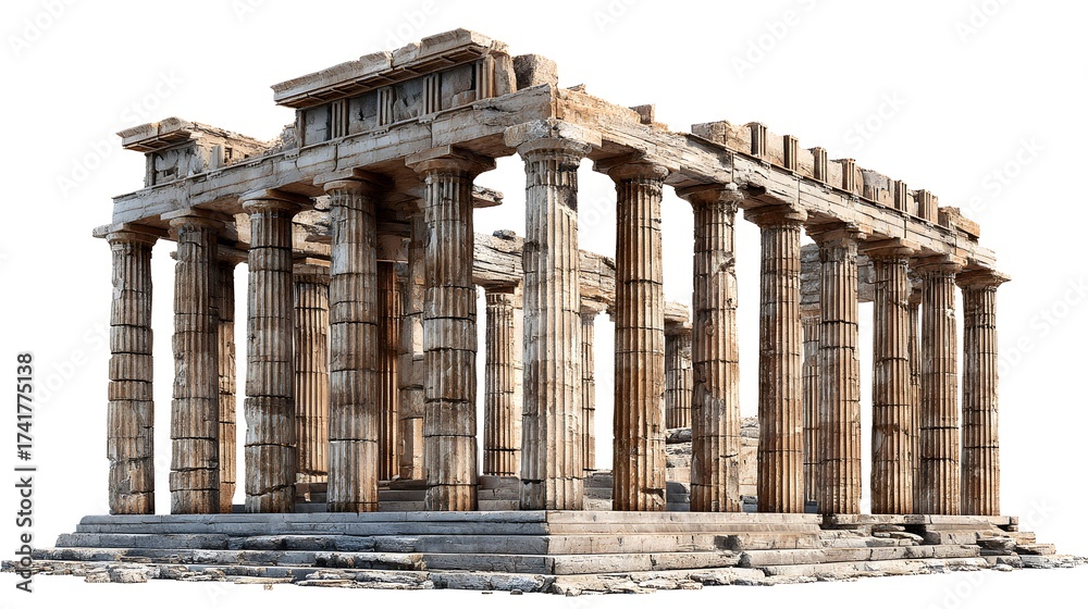 Fototapeta premium Majestic ancient structure features weathered stone columns and intricate details of a classical style, highlighting the architectural elements against an isolated, bright white background,...