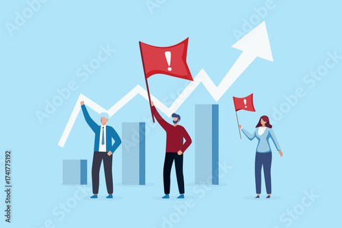 Business professionals celebrating success with red flags and an upward trending graph