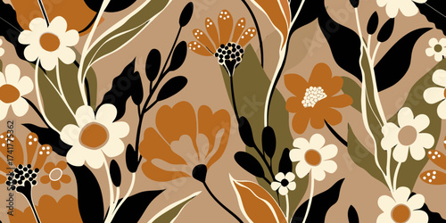 Abstract floral pattern with white and orange flowers and green leaves on a brown background