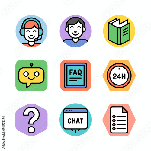 Collection of customer service and support icons in a rounded hexagonal and circular format help chat