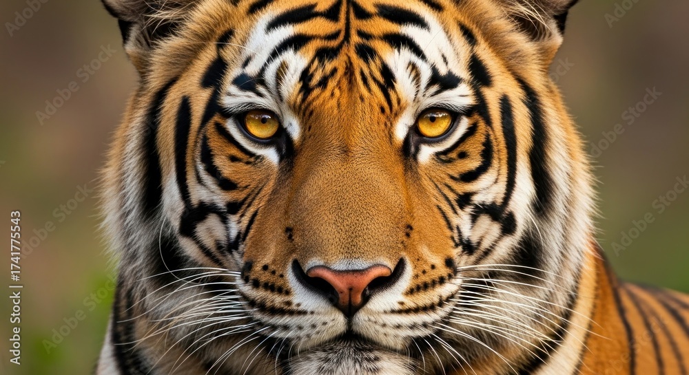 Naklejka premium Intense close-up of a tiger's face, its piercing golden eyes gaze forward, detailed fur texture