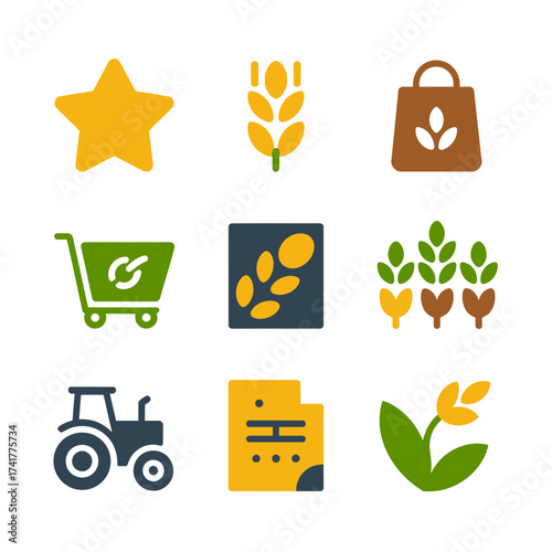 Collection of nine flat agricultural icons with a white background Keywords: agriculture, farming, food, harvest, technology, business, icons, symbols, star, wheat, shopping bag, shopping cart