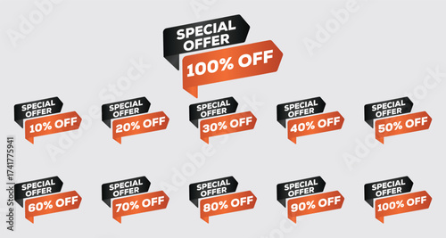 3D special offer 100% off banner – orange and white sale stickers, bold typography, modern minimalist design, retail promotion