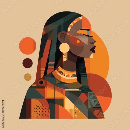 African tribal woman with sideways pose, face tattoos and long earrings vector illustration