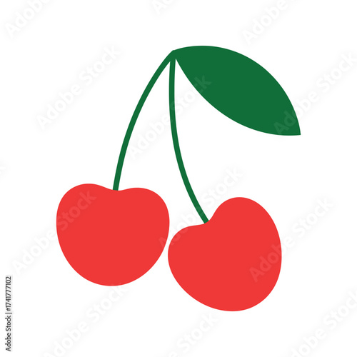 Bright red cherries with a green leaf on a white background