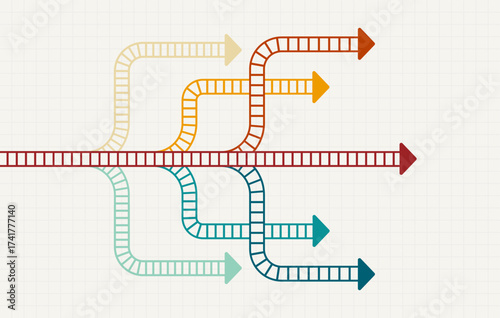 Abstract colorful ladder arrows branching from main path on grid background, symbol of choice, opportunity, and progress in creative design.