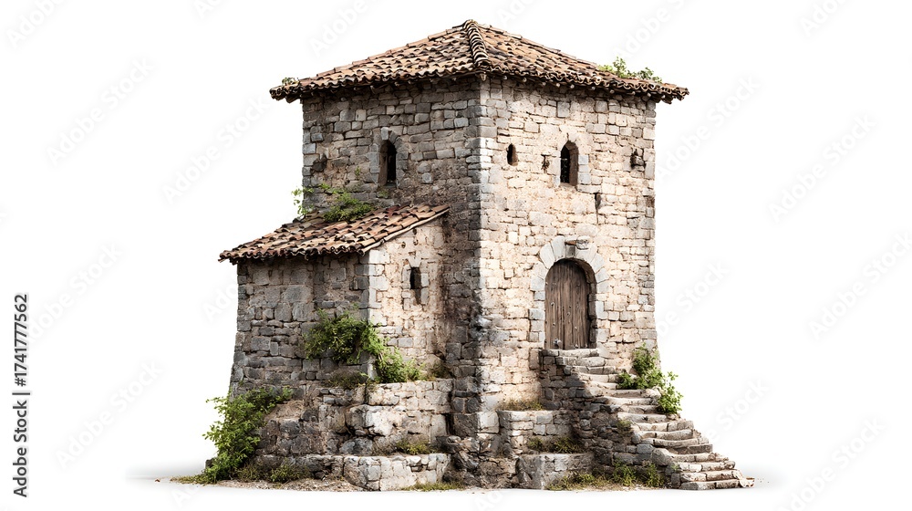 Obraz premium A detailed, three-dimensional rendering displays a weathered stone structure resembling a medieval tower, complete with a tiled roof, small windows, and an arched wooden doorway, offering an aged...
