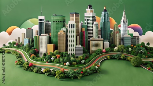 Vibrant American landscape with stylized skyscrapers and jazz-inspired abstract shapes