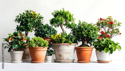 Collection of various potted plants against a white background