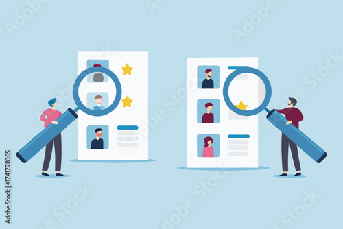 Two people using magnifying glasses to review candidate profiles on resumes for hiring and recruitment purposes