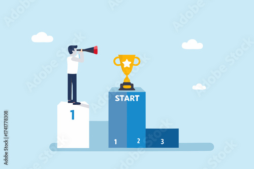 Man with telescope on podium looking towards start line and trophy symbolizing ambition and future success