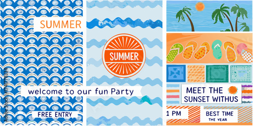 Summer party invitation with tropical beach scene and fun graphics