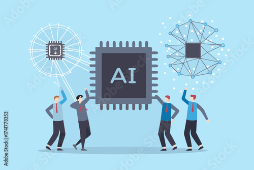 Team of businessmen working together to build and integrate a large ai microchip and neural network