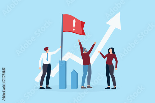 Team celebrating reaching the goal with a red flag and upward trending graph
