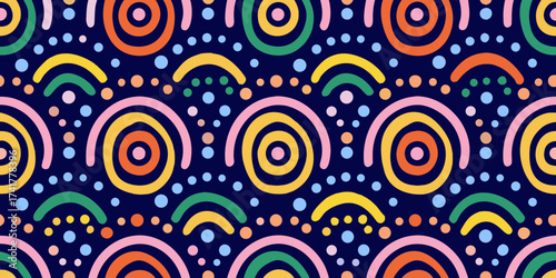 Seamless pattern of colorful abstract circles and arcs on a dark blue background
