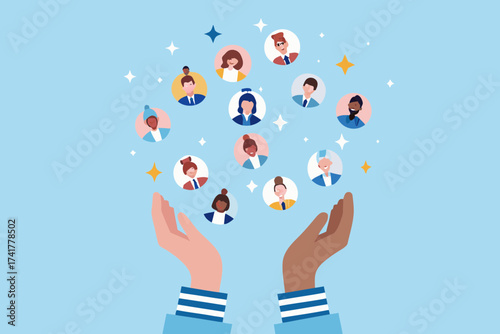 Diverse group of people portraits floating above cupped hands symbolizing community support and care