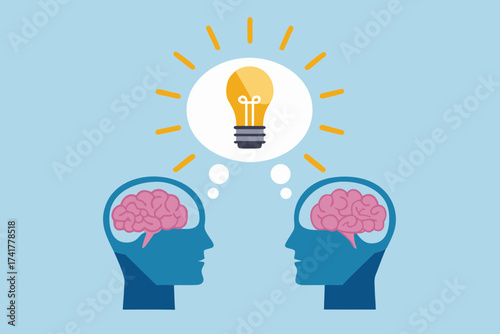 Two human heads with brains and a glowing lightbulb symbolizing a shared idea or innovation