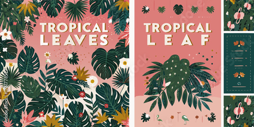 Vibrant tropical leaves and exotic flowers in a lush botanical illustration