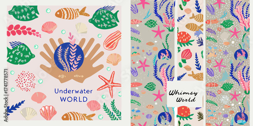 Whimsical underwater world with cute fish and seashells in a hand illustration