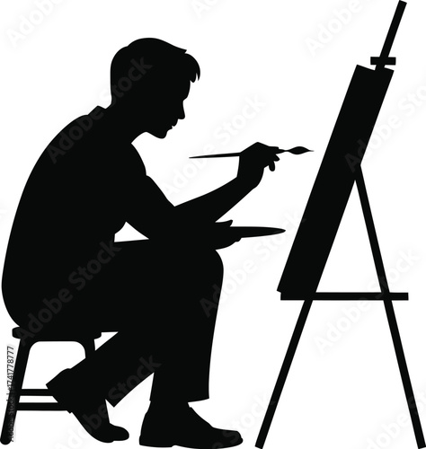 Artist painting on easel silhouette brush palette