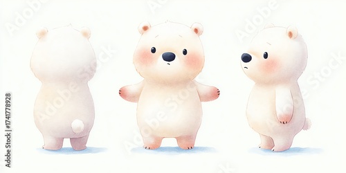 Three cute polar bears are standing in a row. The bears show different poses now.