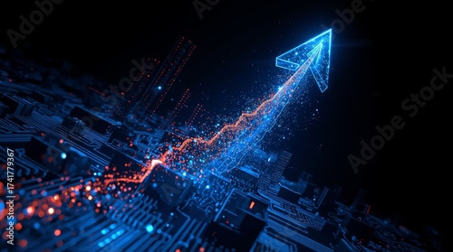 The arrow is constructed of vibrant, wireframe blue light, transitioning to a bright, fiery orange or amber glow at the arrowhead, conveying momentum and achievement. 