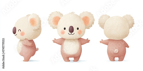 Three cartoon koalas stand against a white backdrop in different positions, cute.