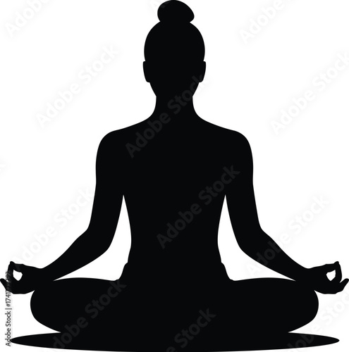 Black silhouette of woman meditating yoga lotus position