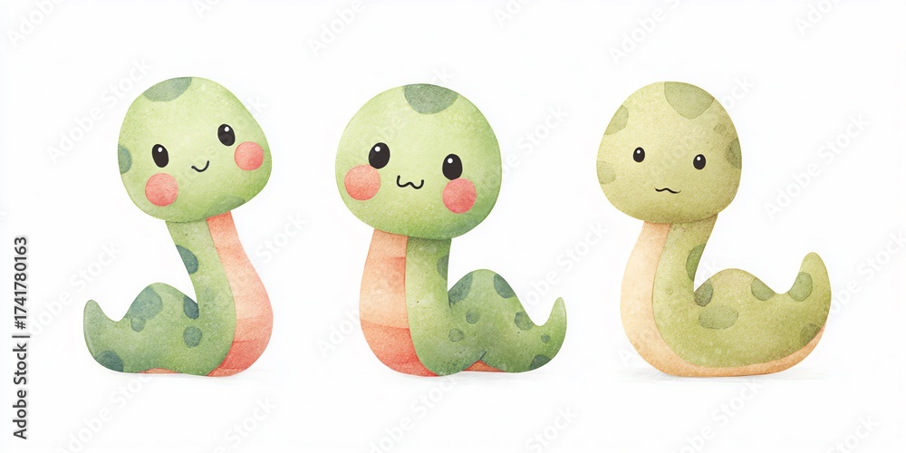 Naklejka premium Three cartoon snakes posing with cheerful expressions in a friendly setting.