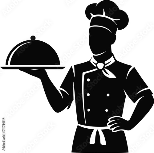 Chef serving food tray silhouette cook