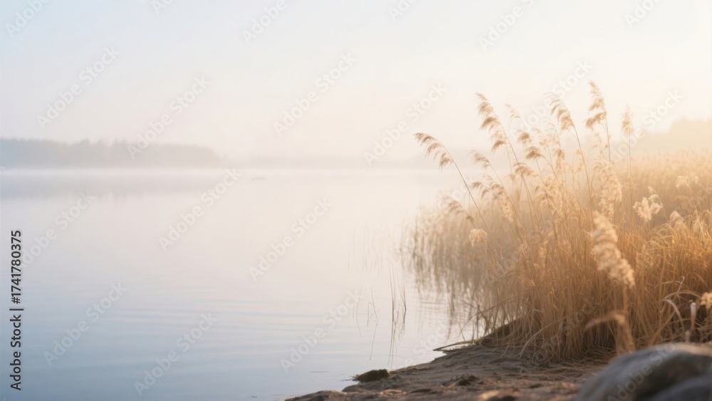 Obraz premium Lake with mist and reeds at sunrise