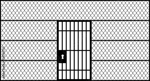 Metal wire fence with closed locked gate and padlock keyhole, black line vector illustration for security and protection concept.