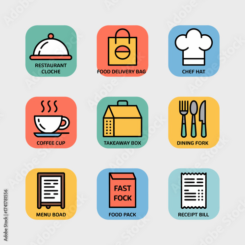 Set of nine flat design icons related to food service and delivery Keywords: restaurant, cloche, food delivery, bag, chef hat, coffee cup, takeaway box, dining fork, menu board, food pack, receipt
